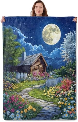 Farmhouse Garden & Moon Blanket, Soft Warm Cozy Throw Gifts for Adults Kids Women, Lightweight Comfy Fuzzy Flannel Blankets for Couch, Travel, Car, Home Decor 60×50 Inch by Unknown