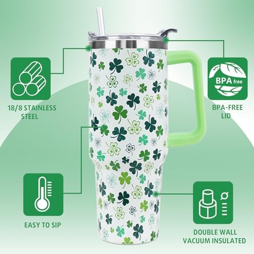 St Patricks Day Tumbler with Handle 40 oz Green Lucky Shamrock Coffee Travel Mug Stainless Steel Insulated Cup Irish Saint Patricks Decor Gifts - Image 5