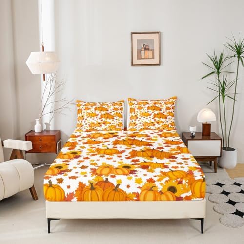Fall Pumpkin Bed Sheets Twin Autumn Maple Leaves Bedding Set Thanksgiving Harvest Season Decor Sheet Set For Home,Rustic Farmhouse Sunflower Fitted Sheet Orange White Flat Sheet + 1 Pillow Case - Image 4