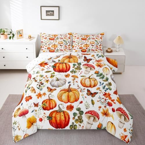 Feelyou Fall Bedding Set for Girls Boys Kids Toddler Size Halloween Pumpkin Autumn Comforter Cover Room Decor Cute Flowers Maple Leaves Duvet Cover White Yellow Orange Quilt Set - Image 4