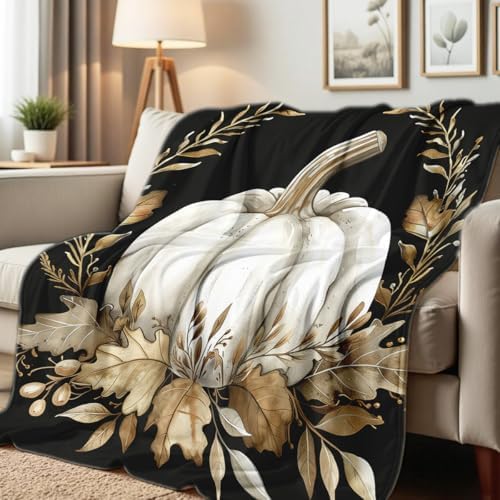 Fall Blankets and Throws White Pumpkin Print Blanket for Couch Bed Room Home Autumn Harvest Flannel Throw Thanksgiving Decor Gifts (49"x59") by Hunxiaoj