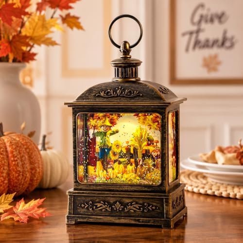 Fall Snow Globe Lantern - Thanksgiving Glittering Lighted Lantern, Fall Decorations Autumn Harvest Day Gifts, Home Fall Indoor Decor (Scarecrow &Turkey) by Qualdout