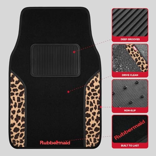 Rubbermaid Car Mats, Carpeted Floor Car Mat with Faux Leather & Built-in Heel Pad, Two-Tone Car Rug Floor Mats, Stylish Carpeted Floor Mats for Cars, Trucks & SUVs Leopard Patten Design