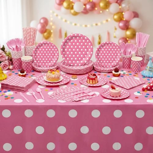 Funnymoom 452 Pcs Pink Polka Dot Party Supplies for 50, Pink and White Polka Dot Paper Plates Napkins Cups Tablecloth Cutlery Straws for Mouse Birthday Carnival Family Picnic Barbecue Party Decoration - Image 4