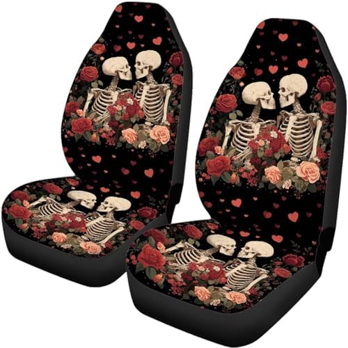 Skulls Heart Roses Print Car Seat Covers 4Pcs Front & Rear Breathable Seat Covers Universal Fits for Truck, Sedan, SUV Auto Interior Protector Car Accessories