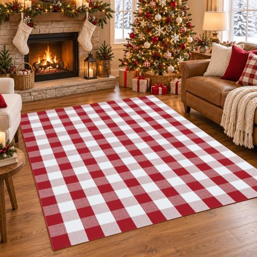 Christmas Red and White Plaid Area Rug 5 x 7 Feet, Cotton Hand-Woven Buffalo Check Rug, Washable Holiday Floor Mat for Living Room, Bedroom and Farmhouse Home Decor - Image 2