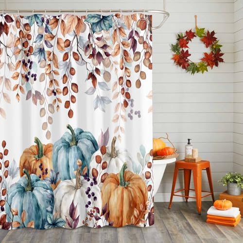 LooPoP Fall Shower Curtain Autumn Maple Leaves Bathroom Curtains with Hooks, Waterproof Polyester Fabric Thanksgiving Harvest Pumpkin Shower Curtains Set for Bathroom Bathtubs Decor 72x96 Inch - Image 4