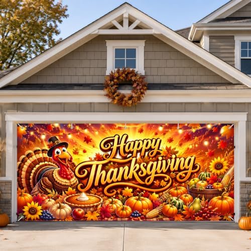 IVN Thanksgiving Garage Door Cover 16x7ft Turkey Pumpkin Fall Banner - Image 2