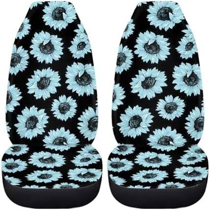 Black Aqua Sunflower Print Car Seat Cover Colorful Cute Print Front Seat Covers 2 pcs, Vehicle Seat Protector Car Mat Covers, Fit Most Vehicle, Cars, Sedan, Truck, SUV, Van