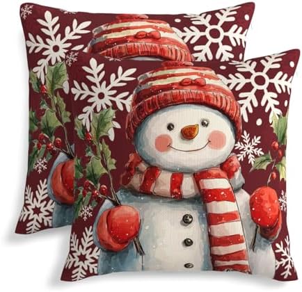 KiuLoam Red Snowman Snowflake Christmas Pillow Covers 18x18 Set of 2, Winter Xmas Print Decorative Throw Pillow Cases, Holiday Style Outdoor Cushion Covers for Living Room Sofa Couch Bed by KiuLoam