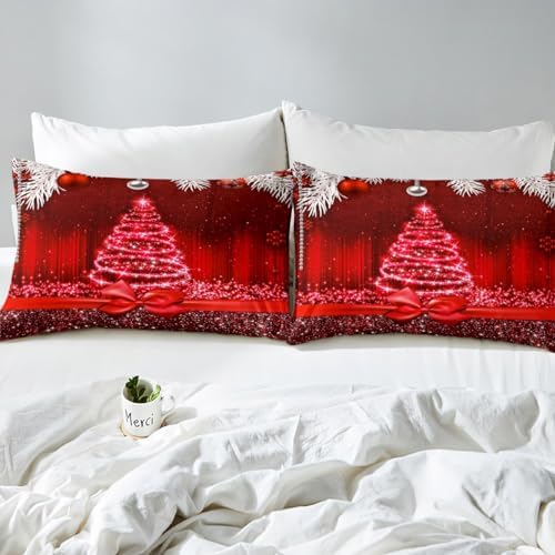 Merry Christmas Kids Duvet Cover Set Full Size,Snowflake Christmas Tree Bowknot Bedding Set,Girls Boys Adults Room Decor,Red Gradient Lines Glitter Comforter Cover,Romantic Quilt Cover,2 Pillowcases - Image 5