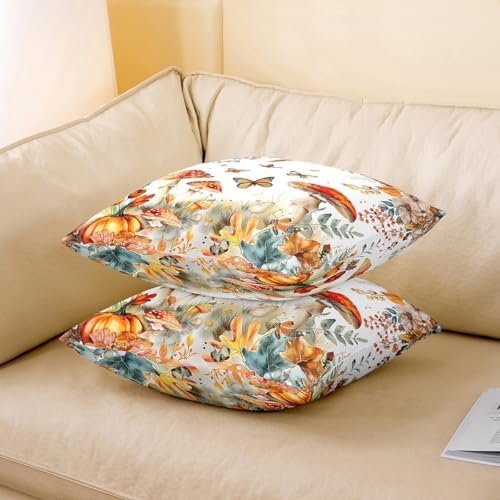 Rustic Autumn Reversible Print Pillow Covers 2 Pack,Nature Mushroom Pumpkin Botanical Plants Decorative Cushion Covers 16"x16",Fall Maple Leaves Watercolor Flowers Pillow Covers,2 Pack - Image 3