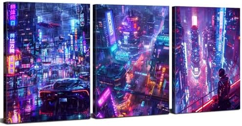 Cool Anime Wall Art Japanese Neon City Cyberpunk Decor Night Building Cityscape Canvas Pictures for Man Teen Boy Gamer Room Wall Decor Futuristic Street Pop Artwork Modern Home Decorations 16x24" 3Pcs by sunfrower