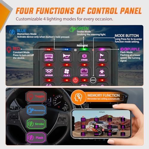 Nilight 12 Gang Switch Panel APP RGB 12V 24V Circuit Control System 4-Mode