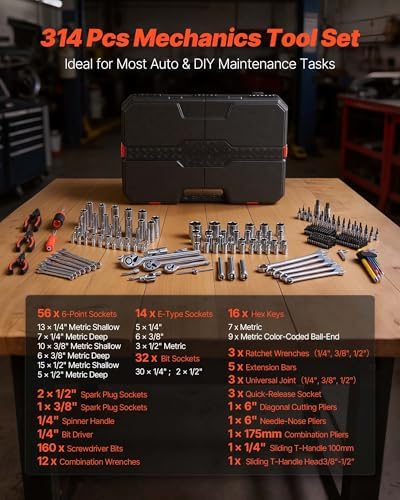 VEVOR Mechanics Tool Set, 314-Piece Mechanic Tool Kit, 1/4 in, 3/8 in, and 1/2 in Drive, Metric Socket Set, Wrenches, Screwdriver Bits, Accessories, and Storage Case, for Automotive and Home Repair - Image 3