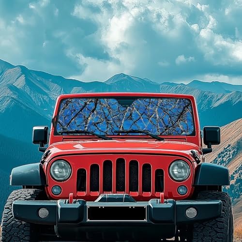 Renewold Car Windshield Sunshade Front Window Sun Visor Summer Sunlight UV Rays Heat Sun Shade Compatible with Jeep Wrangler JK JKU JL 1997-2023 2/4 Door Blue Camo Hunting Easy Install Cover Shield