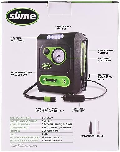 Slime 40034 Tire and Mattress Inflator, All-Purpose, High Pressure, High Volume, Analog 100 psi Dial Gauge, LED Light, 8 min Tire inflation, 3 Min Mattress inflation - Image 3