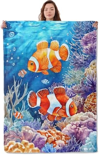 Watercolor Clownfish Blanket, Soft Cozy Warm Throw Blanket for Adults Kids Women, Comfy Lightweight Fuzzy Flannel Blankets for Couch, Travel, Car, Home Decor 80×60 Inch by Unknown