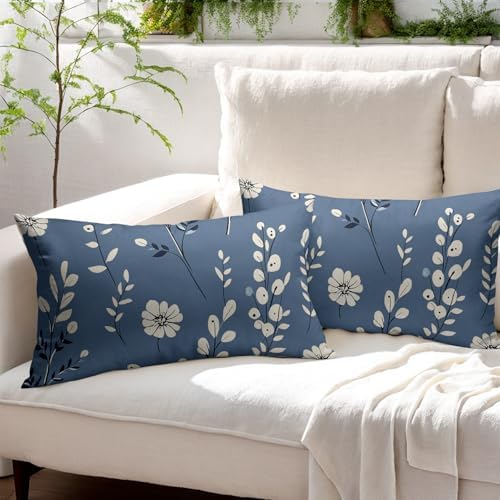 Spring Navy Blue Pillow Covers 12x20 Set of 2 Summer Throw Pillow Covers Rustic Floral Pillowcase Linen Decoration Farmhouse Soft Decorative Flower Cushion Case Couch for Indoor Outdoor Home Decor - Image 3