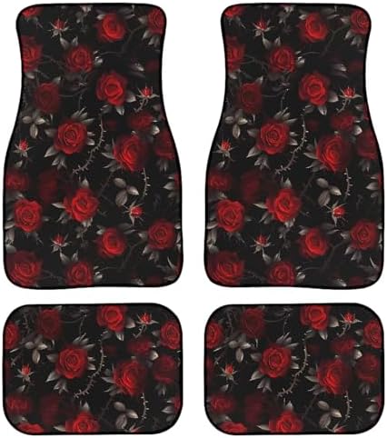 Rose Car Floor Mats 4PCS, Thorn Red Rose Rubber Non-Slip Front and Rear Floor Mats, Gothic Garden Floral All Weather Heel Pad Universal Fit SUV Van Truck