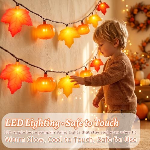 Fall Decor - 12Ft 20 LED Maple Leaf Pumpkin String Lights Plug in, 3D Fall String Lights Orange Yellow Leaves & Pumpkin Lights for Indoor Outdoor Home Autumn Decor & Thanksgiving Decorations, 0.07W - Image 5