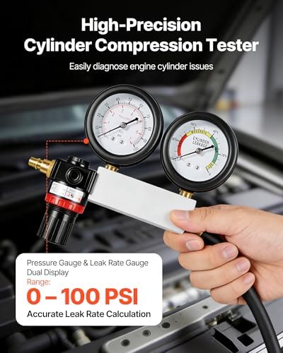 VEVOR Engine Cylinder Compression Tester Kit, Pressure Gauge Range of 0-100 PSI, Automotive Leak Down Tester Kit with 4 Adapters, 2 Metal Tubes, Pressure Check & Leakage Rate Test on Cars, Motorcycles - Image 2