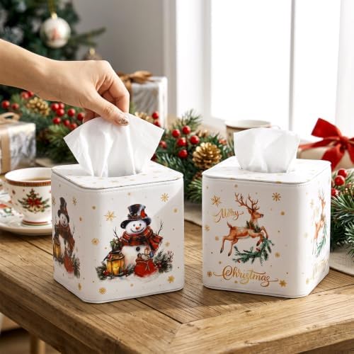 Thyle 2 Pcs Christmas Square Tissue Box Cover PU Leather Reindeer Snowman Tissue Box Holder Closure Xmas Decorations Cube Napkin Holder for Kitchen Car Home Office Living Room Bedroom - Image 4