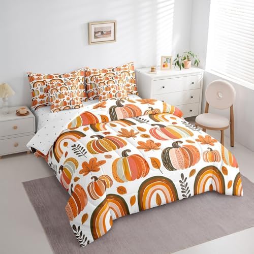 Erosebridal Kids Cartoon Pumpkin King Comforter Set 7 Piece Size,Boho Rainbow Bedding Set with Sheet Set for Boys Girls,Fall Maple Leaves Bed in A Bag Autumn Thanksgiving Day Bed Set - Image 3