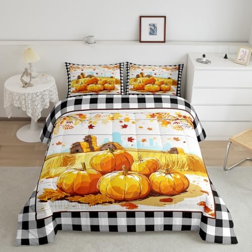 Homewish Rustic Farm Comforter Set Pumpkin Barn Door Fall Plants Harvest Theme Bedding Kids Adult Room Decor,Black White Grid Quilt Vintage Maple Tree Duvet Insert Twin Size 2Pcs (ZZRS3669ZMD-BZ_USt) - Image 4