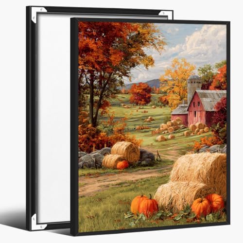 Autumn Farmhouse Wall Art – Rustic Red Barn Landscape with Pumpkins, Fall Harvest Canvas Print for Country Living Room or Seasonal Decor Display 16x20in Black aluminum frame by Unknown