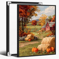 Autumn Farmhouse Wall Art – Rustic Red Barn Landscape with Pumpkins, Fall Harvest Canvas Print for Country Living Room or Seasonal Decor Display 16x20in Black aluminum frame by Unknown
