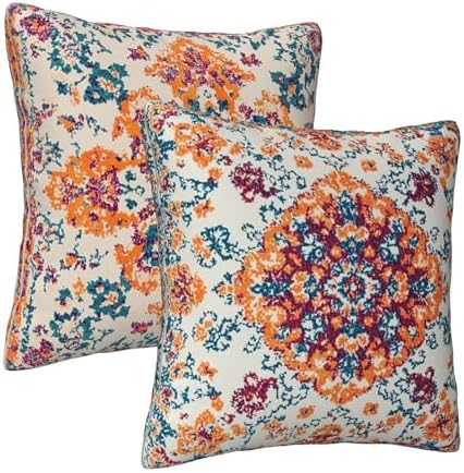 Vintage Bohemian Carpet Pattern Pillow Covers 18x18 inch Set of 2 Orange Blue Ethnic Pillow Case Cushion Cover for Home Sofa Couch Living Room Car Decor - Image 2