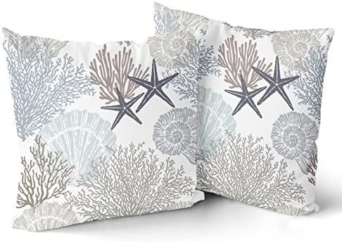 Sweetshow Ocean Coral Pillow Covers 18x18 Inch Nautical Coastal Throw Pillows Set of 2 Beach Seashell Starfish Pillow Case Soft Cotton Square Cushion Covers for Home Couch Sofa Patio Bedroom, Brown - Image 2