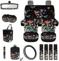 Butterfly Mushroom Floral Print 15Pcs Car Seat Cover Full Set Car Steering Wheel Cover Seat Belt Cover Trash Bin Air Vent Storage Box Front Rear View Mirror Car Cup Holder Keychain