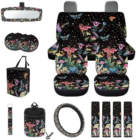 Butterfly Mushroom Floral Print 15Pcs Car Seat Cover Full Set Car Steering Wheel Cover Seat Belt Cover Trash Bin Air Vent Storage Box Front Rear View Mirror Car Cup Holder Keychain