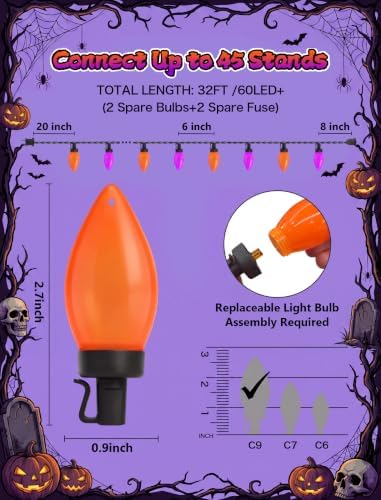 C9 Halloween Lights Outdoor, 32ft LED Purple Orange String Lights - Image 7