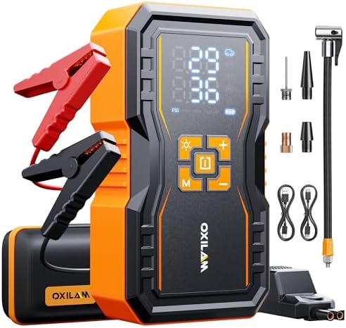 OXILAM 7000A Jump Starter with Air Compressor 160 PSI for All Gas/12L Diesel, 12V Battery Jumper Starter Portable with Auto-Shutoff Tire Inflator, Jumper Cables, LED Display, LED Light, Power Bank by OXILAMDIRECT