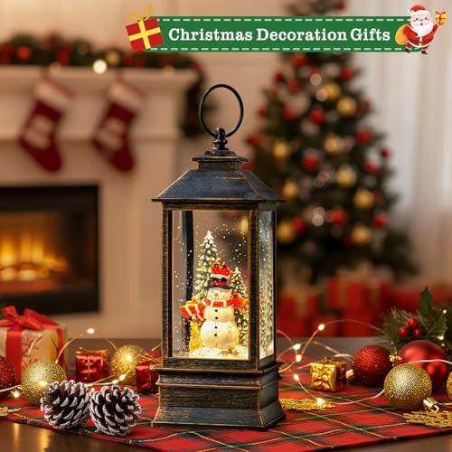 Christmas Snow Globes Water Lantern with Snowman, Black Brush Gold USB Lined Operated Lighted Lantern for Christmas Festival Decoration Gifts - Image 4