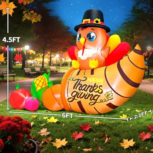6FT Thanksgiving Inflatables Outdoor Decoration Inflatable Turkey with Cornucopla, Built in LED Lights Blow Up Yard Decorations for Fall Holiday Party Garden Lawn Décor - Image 5