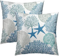 Summer Ocean Themed Nautical Coastal Throw Pillow Covers 16X16 Inches Set of 2 Blue Seashell Starfish Coral Pillowcase Soft Cotton Square Cushion Covers for Home Sofa Patio Bedroom Decoration by Sweetshow