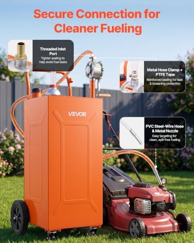 VEVOR 35 Gallon Fuel Gas Caddy, Carbon Steel, Portable Fuel Transfer Storage Tank with Manual Pump & 4 Wheels, Gasoline Diesel Can Container, for Cars, Lawn Mowers, ATVs, Boats, Motorcycles, Orange - Image 5