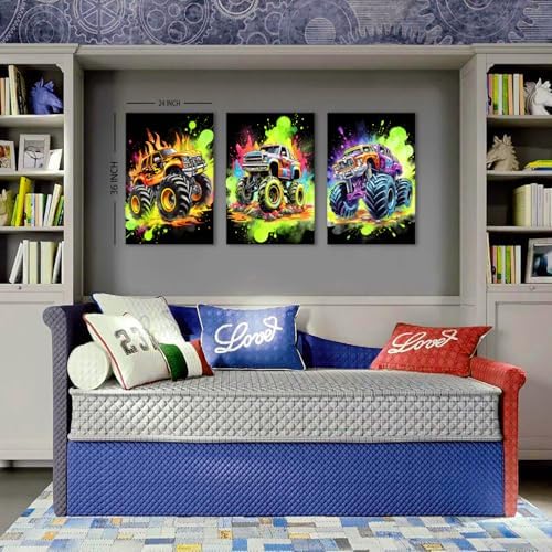Monster Truck Canvas Wall Art Cool Watercolor Car Poster for Boys Room Modern Graffiti Truck Pictures Wall Decor Pop Vehicles Artwork Nursery Toddler Bathroom Bedroom Home Decoration 24x36" 3P - Image 5