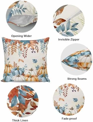 JasmineM Thanksgiving Fall Orange Blue Pumpkin Pillow Covers 20x20 Inch Set of 2, Farmhouse Leaves Decorations Indoor Outdoor Throw Pillows, Orange Blue Linen Pillowcases for Patio Sofa Couch Bedroom - Image 5