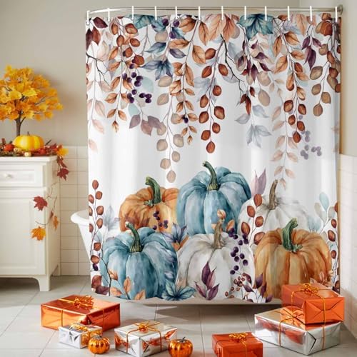 LooPoP Fall Shower Curtain Autumn Maple Leaves Bathroom Curtains with Hooks, Waterproof Polyester Fabric Thanksgiving Harvest Pumpkin Shower Curtains Set for Bathroom Bathtubs Decor 48x72 Inch - Image 5