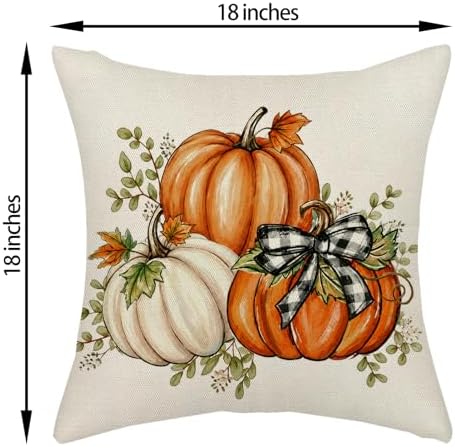 Fall Pillow Covers 18x18 Set of 2 Orange White Pumpkin Maple Leaves Plaid Throw Pillow Covers Autumn Outdoor Decorative Thanksgiving Pillow Cases Harvest Linen Cushion Cover for Couch Decor - Image 2