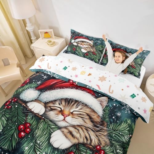 Manfei Cute Cat Kids Duvet Cover Set Queen Size,Winter Holly Berries Snowflake Girls Boys Bedding Set,Animal Merry Christmas Poinsettia Room Decor,Dark Green Quilt Cover,2 Pillowcases(No Comforter) by Manfei