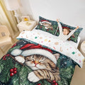 Manfei Cute Cat Kids Duvet Cover Set Queen Size,Winter Holly Berries Snowflake Girls Boys Bedding Set,Animal Merry Christmas Poinsettia Room Decor,Dark Green Quilt Cover,2 Pillowcases(No Comforter) by Manfei