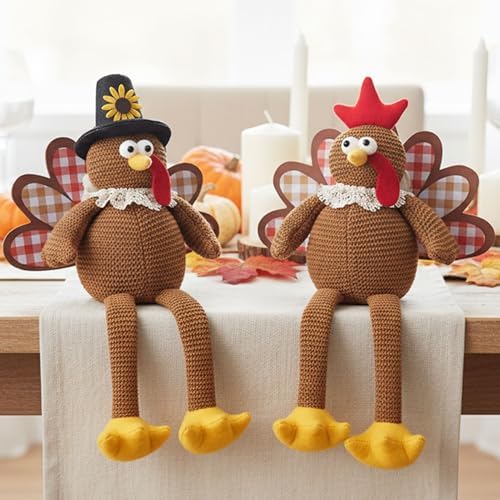 Thanksgiving Decorations Set of 2 Turkeys with Dangling Legs, Turkey Couple Doll Plush Kit Tabletop Centerpieces for Fall Harvest Home Decor Kitchen Shelf by Unknown