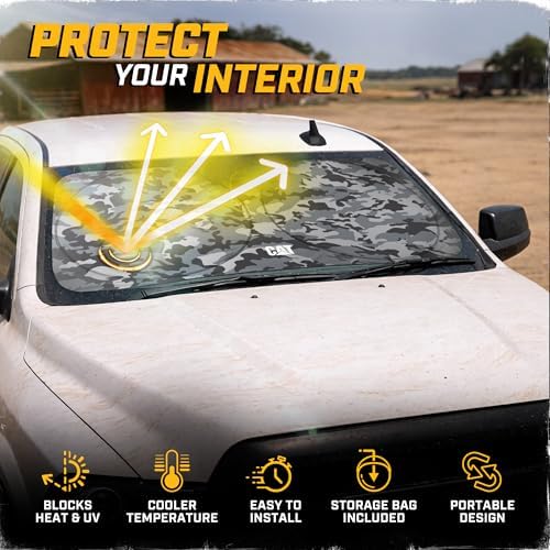 Windshield Sun Shade for Ram 2500 2010-2018, Foldable Truck Sunshade, UV Heat Blocker, Front Window Sun Shield, Interior Protection, Keeps Cab Cool, Heavy Duty Truck Accessory - Gray Camo