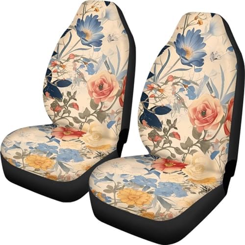 Wild Flower Car Seat Covers for Full Seats, Pink Peony Waterproof Seat Covers for Cars, French Classical Daisy Floral 2 Pcs Universal Fit Automotive Seat Covers